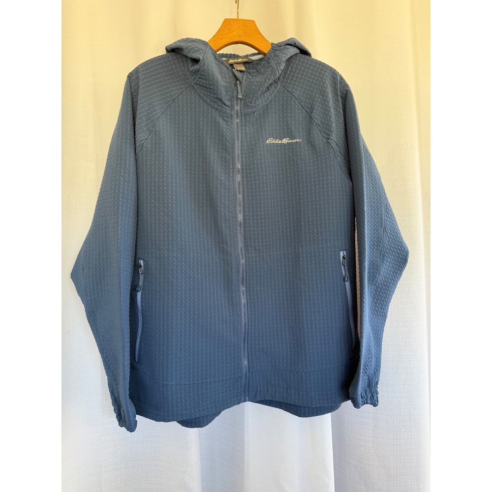 Eddie Bauer Full Zip Hooded Jacket Women's XL Blue Grid Lightweight Active